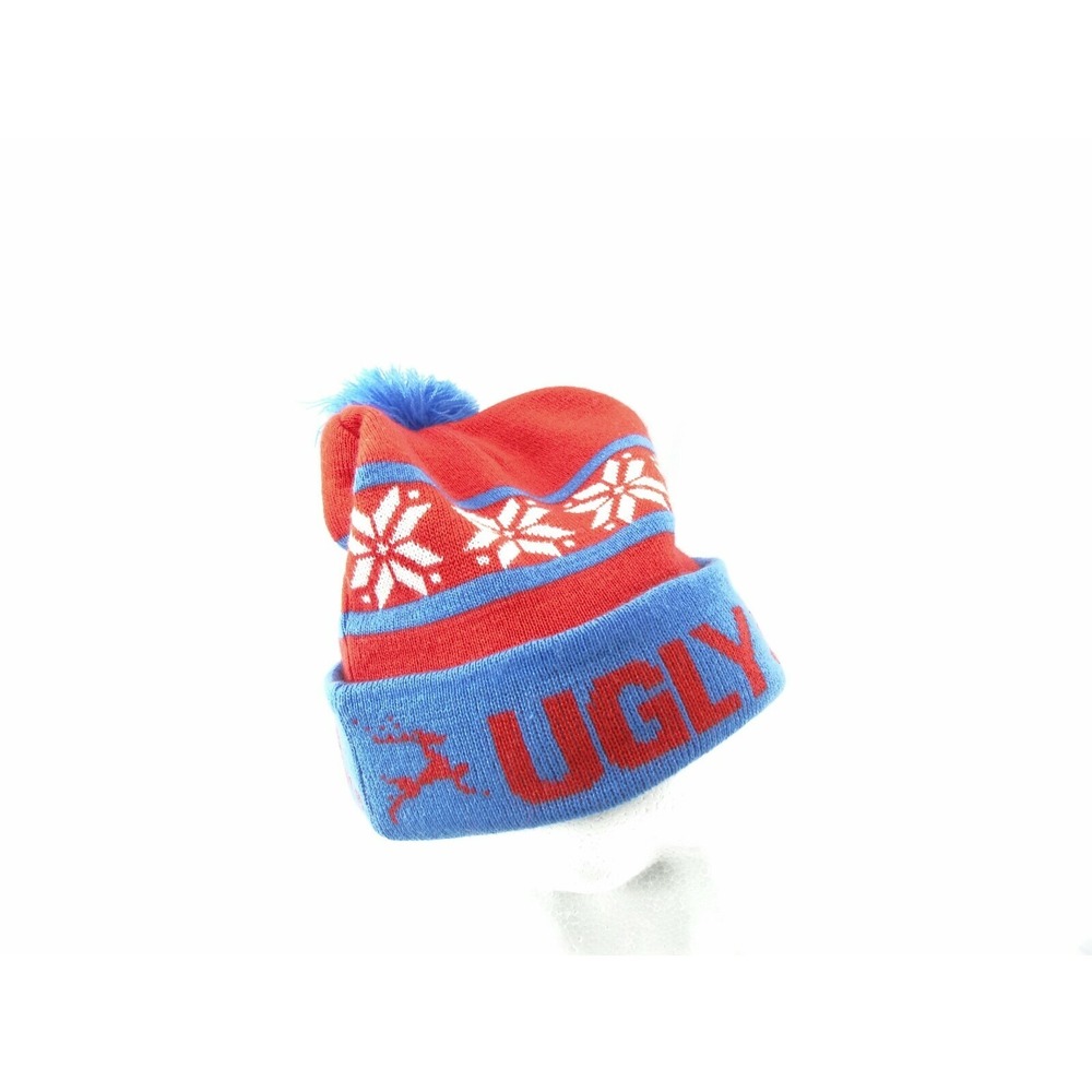 UGLY‎ SWEATER RUN Christmas Red/Blue Warm Winter POM BEANIE HAT Ski Cap ONE SIZE